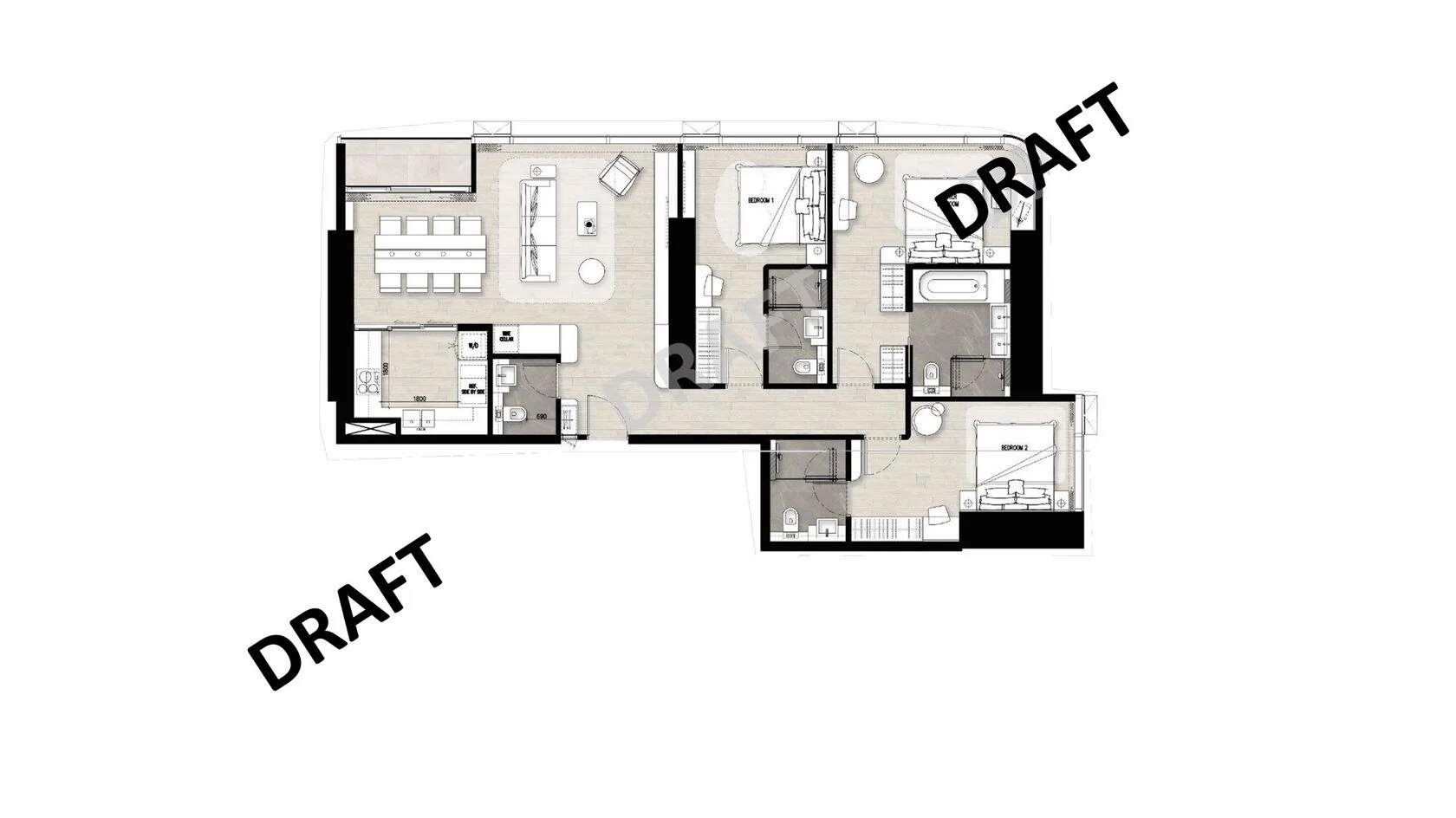 Apartment floor plan, 3 bedrooms in Once Wongamat No. 11011